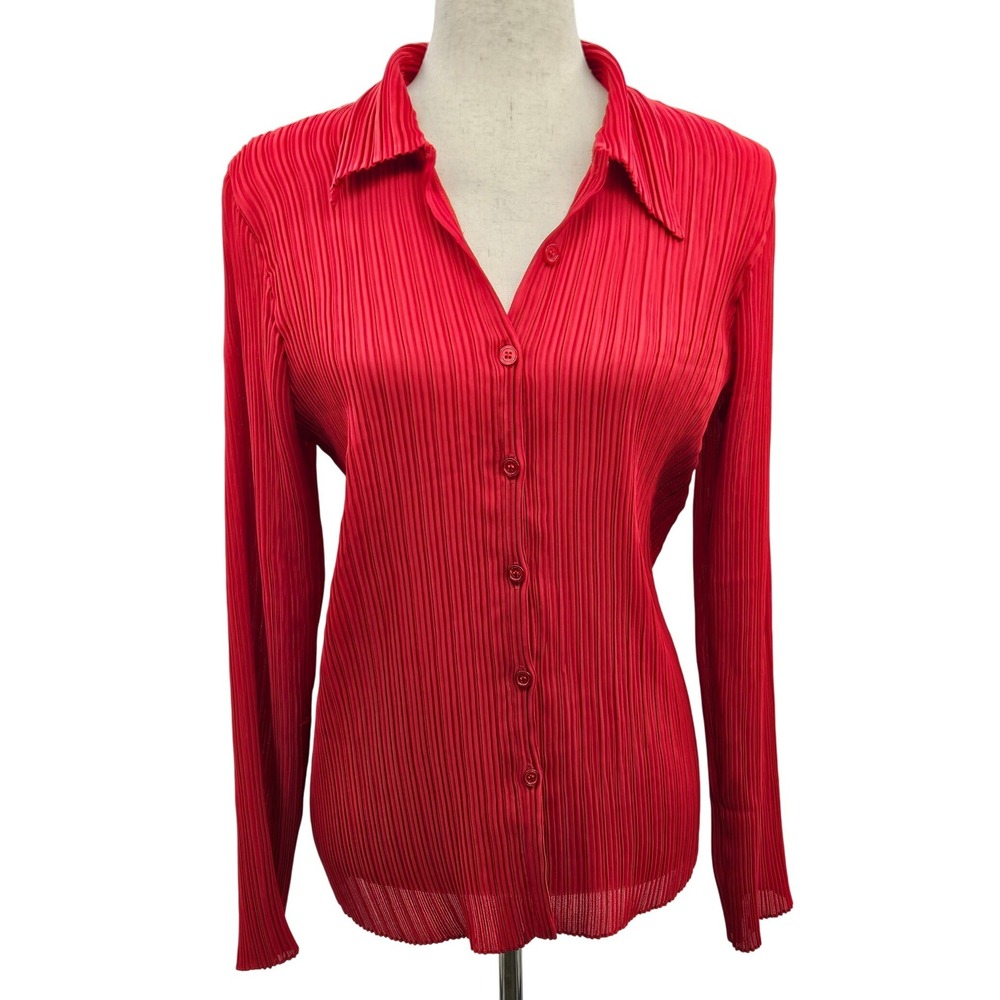 Kelsy Red Accordion Pleated Button Down Long Sleeve Blouse Womens Large USA Made